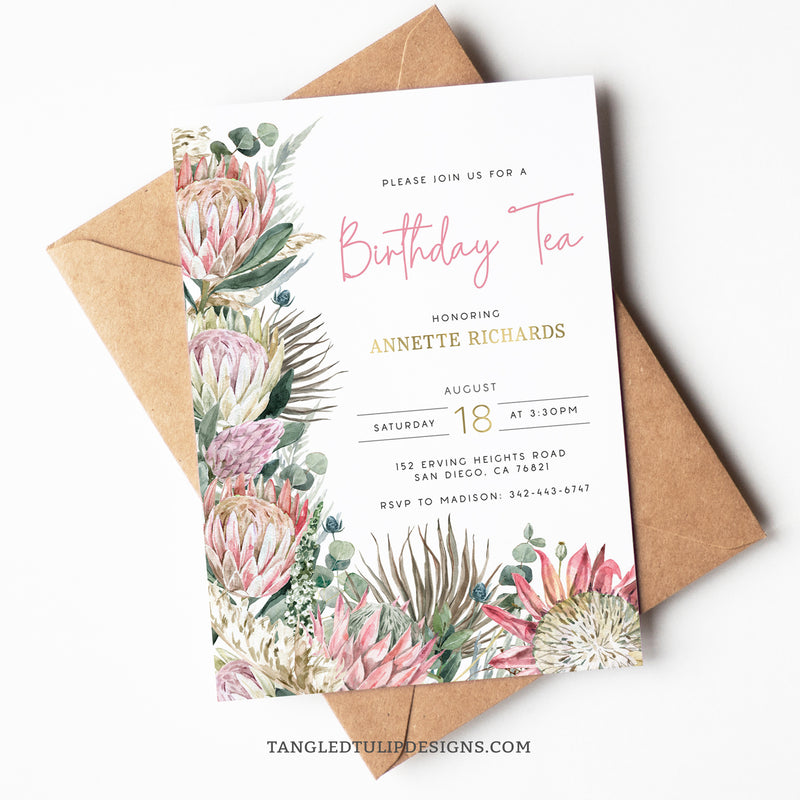 A pretty protea themed Birthday Tea Party invitation, with proteas and pretty gold accents. For a woman of any age. Template to Edit in Corjl. By Tangled Tulip Designs.