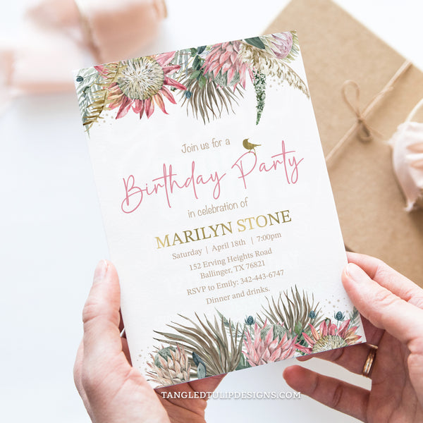 A pretty Boho birthday invitation with proteas and pretty gold accents. Tangled Tulip Designs - Birthday Invitations