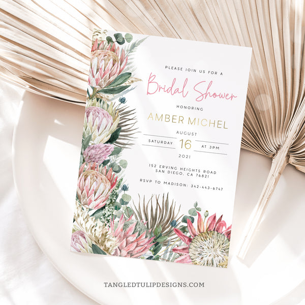 A Bridal Shower invitation in a pretty bohemian floral design with proteas and gold accents.  By Tangled Tulip Designs.