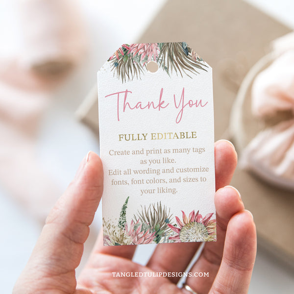 These elegant favor gift tags feature delicate watercolor proteas and flowers, with gold accents, in a charming bohemian design. These tags are the perfect finishing touch for any event, whether it's a birthday party, bridal shower, retirement celebration, or any other special occasion. By Tangled Tulip Designs.