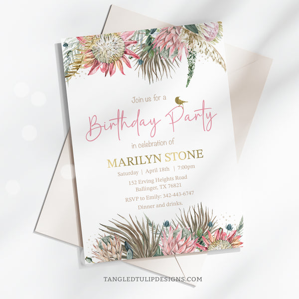 Bohemian birthday invitation with proteas and pretty gold accents. Tangled Tulip Designs - Birthday Invitations