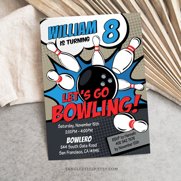 Bowling birthday invitation for boys features a vibrant comic style design with a big bowling ball smashing pins for a strike. Let's go bowling! Invitation template to edit in Corjl. By Tangled Tulip Designs.