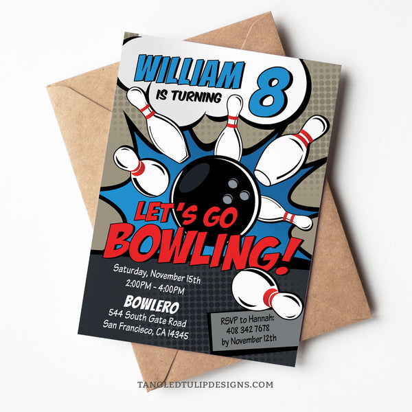This editable bowling birthday invitation for boys features a vibrant comic style design with a big bowling ball smashing pins for a strike. Let's go bowling! Invitation template to edit in Corjl. By Tangled Tulip Designs.