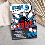 Strike Up Some Fun with this a vibrant comic style invite with a bowling ball smashing pins for a strike! Instant Download and Editable in Corjl. By Tangled Tulip Designs.