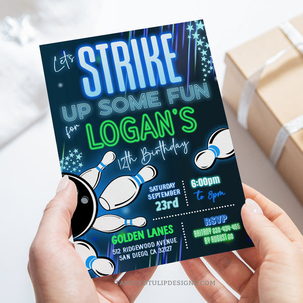 Bowling birthday party invitation for boys in a neon glow in the dark design. Let's Strike Up Some Fun with this glowing bowling party invite, featuring a bowling ball smashing pins! Tangled Tulip Designs - Birthday Invitations