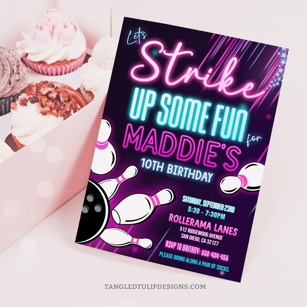 Editable Bowling party invite for girls in a neon glow design. Let's Strike Up Some Fun with this glowing bowling party invite. Template to Edit in Corjl. By Tangled Tulip Designs.