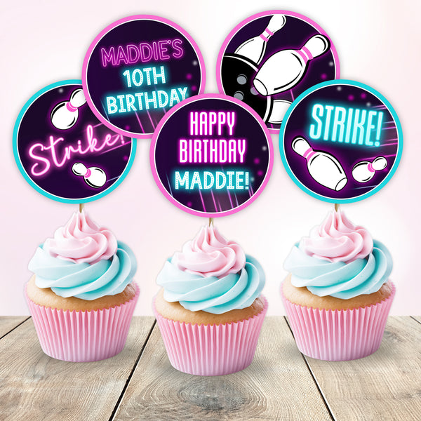 These neon glow Bowling party cupcake toppers feature a bowling ball striking pins and personalized birthday wording. Add a personal touch to your bowling birthday cupcakes. Template to Edit in Corjl. By Tangled Tulip Designs.