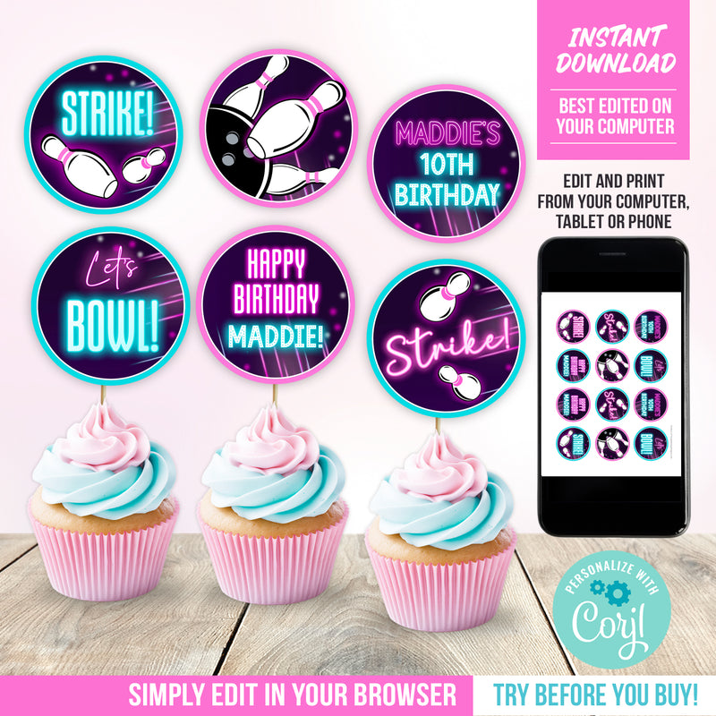 Bowling Party Cupcake Toppers Template Girls Neon Glow Birthday