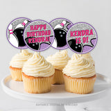 Editable Bowling party cupcake toppers for a girl's tenpin bowling party. Purple, glitter silver and hot pink, with bowling ball smashing pins! The perfect addition to bowling party decor. Instant Download and Editable in Corjl. By Tangled Tulip Designs.