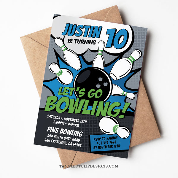This Bowling birthday invitation features a vibrant comic style design with a big bowling ball striking pins. Get the excitement going for a boy's fun-filled bowling party. Tangled Tulip Designs - Birthday Invitations