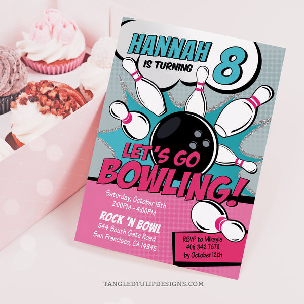 This editable bowling birthday invitation for girls features a vibrant comic style design with a big bowling ball striking pins! It's sure to get the excitement going for a fun-filled bowling birthday party. Tangled Tulip Designs - Birthday Invitations