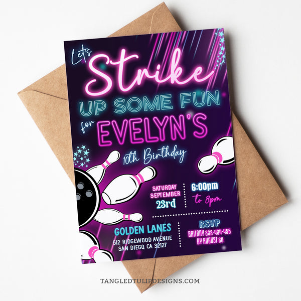 Editable Bowling birthday invitation for girls. Let's Strike Up Some Fun with this glowing bowling party invite. Features a glow in the dark design with bowling ball and pins flying everywhere! Tangled Tulip Designs - Birthday Invitations