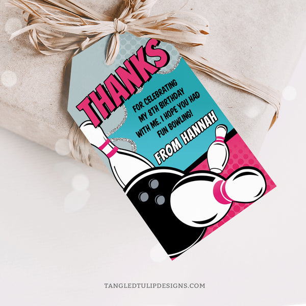 Add a striking touch to your party favors with these flying pins and bowling ball Thank You tags. Instant Download and Editable in Corjl. By Tangled Tulip Designs.