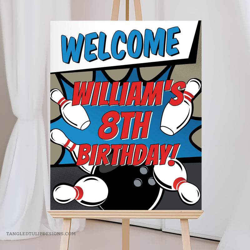 An Editable Bowling Party Welcome Sign for a boy's tenpin bowling birthday decoration. Welcome guests with this vibrant poster featuring a bowling ball smashing pins for a strike! Instant Download and Editable in Corjl. By Tangled Tulip Designs.