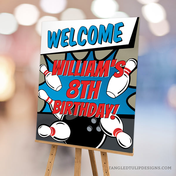 An Editable Bowling Party Welcome Sign for a boy's tenpin bowling birthday decoration. Welcome guests with this vibrant poster featuring a bowling ball smashing pins for a strike! Instant Download and Editable in Corjl. By Tangled Tulip Designs.