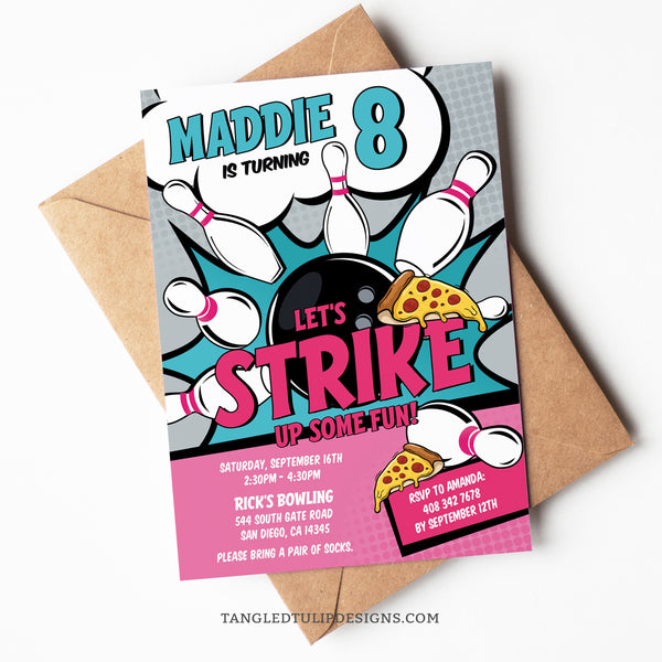 An editable Bowling and Pizza party invitation for a girl, in a vibrant comic style design, with a bowling ball smashing pins for a strike, and pizza slices! By Tangled Tulip Designs. Digital Template, edit in Corjl.