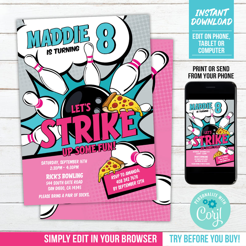 Bowling and Pizza Party Invite Girls Birthday Invitation Template