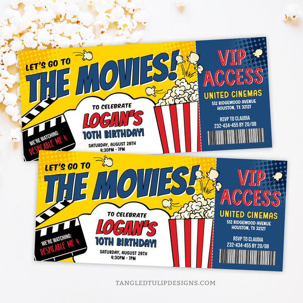 A comic style Movie Ticket birthday invitation, featuring popping popcorn and a clapper board with the movie name. Get ready for VIP access to the ultimate movie experience—Let's Go To The Movies! Instant Download and Editable in Corjl. By Tangled Tulip Designs.