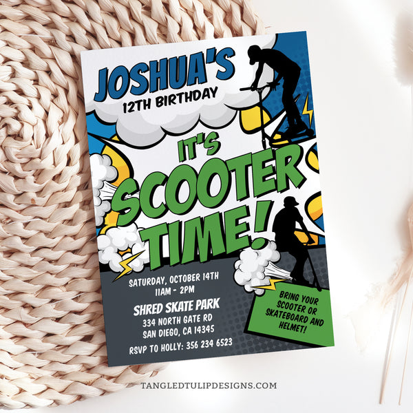 A comic style Scooter Birthday invitation. It's Scooter Time! So grab your scooters and ramp up the excitement with this editable Scooter party invite, with boys scootering all over the invite! Tangled Tulip Designs - Birthday Invitations