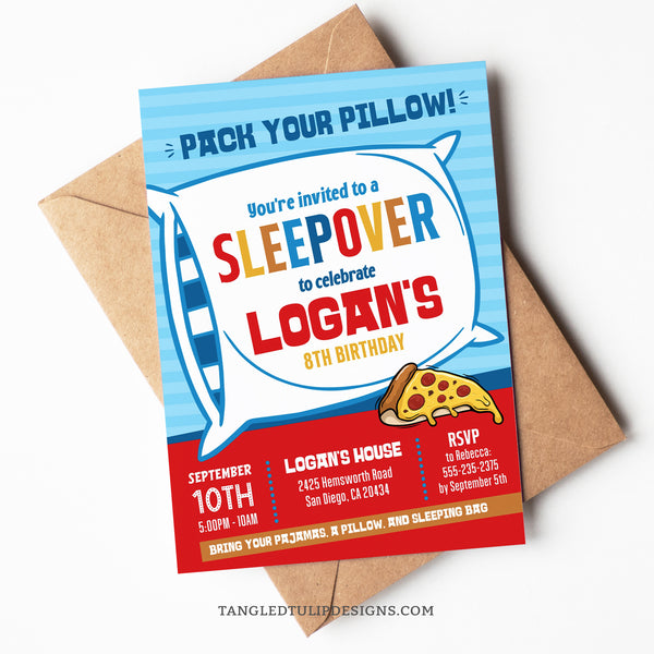 A Sleepover party invitation for boys. Get ready for a fun-filled sleepover party with this invite design featuring a big pillow and pizza slice. Template to Edit in Corjl. By Tangled Tulip Designs.