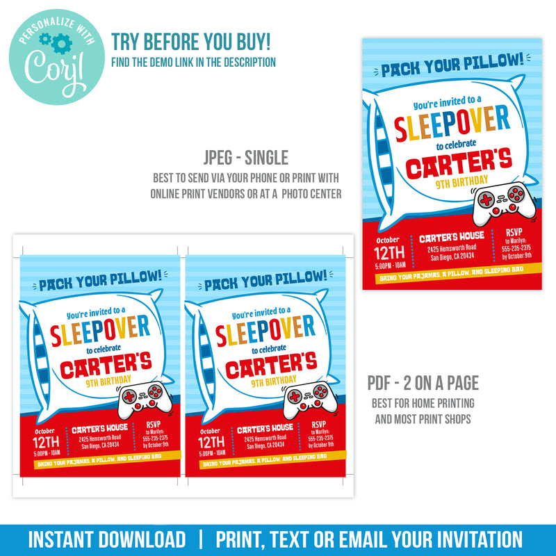 Sleepover and Gaming Party Invite Boys Gaming Controller Sleepover Birthday Invitation Template
