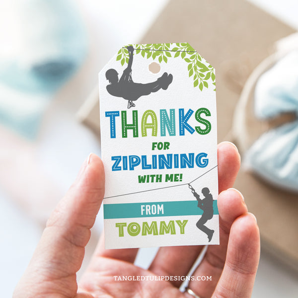 These editable Ziplining Party Thank You tags feature adventurous boys ziplining through a forest scene. Customize the text to add a personal touch. Template to Edit in Corjl. By Tangled Tulip Designs.