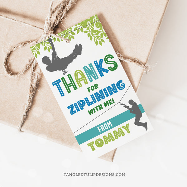 These editable Ziplining Party Thank You tags feature adventurous boys ziplining through a forest scene. Customize the text to add a personal touch. Template to Edit in Corjl. By Tangled Tulip Designs.