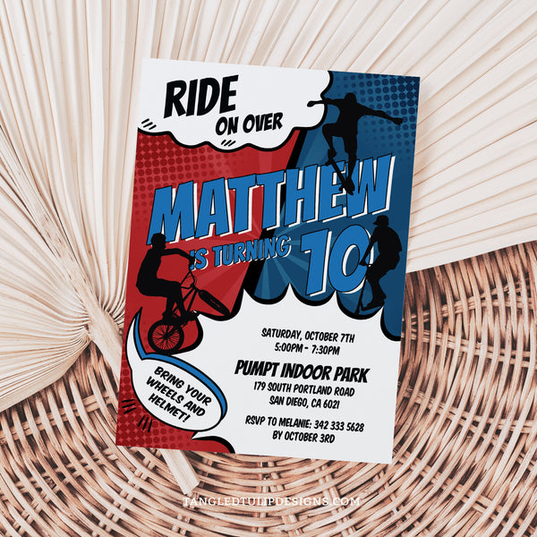 Get ready for an action-packed BMX, Skater & Scooter Birthday Bash! Rev up the fun with our vibrant comic-style invitation, featuring bikers, skateboarders, and scooters. Tangled Tulip Designs - Birthday Invitations