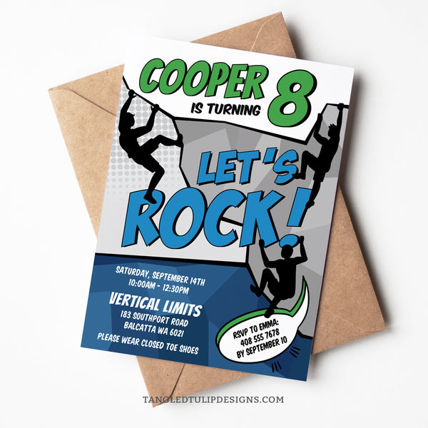 Get ready to climb to new heights and conquer the ultimate climbing birthday adventure with our Rock Climbing Birthday Invitation! This invite rocks a comic-style "Let's Rock!" message, setting the tone for an action-packed indoor rock climbing birthday bash. Tangled Tulip Designs - Birthday Invitations