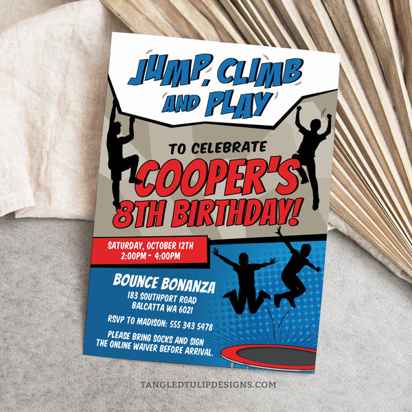 Jump, Climb & Play Birthday Invitation for a trampoline park and climbing birthday party. Featuring boys jumping and climbing all over the invitation, this party promises high-flying excitement! Tangled Tulip Designs - Birthday Invitations