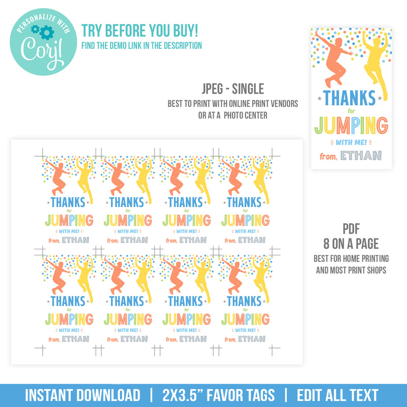Jump Party Tags Boys Jumping Birthday Tag Template