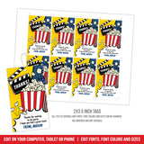 Movie Party Thank You Tags for boys. EDITABLE Movie Party Favor Gift Tags. Popcorn & Movie Birthday Tags, Instant Download MO1