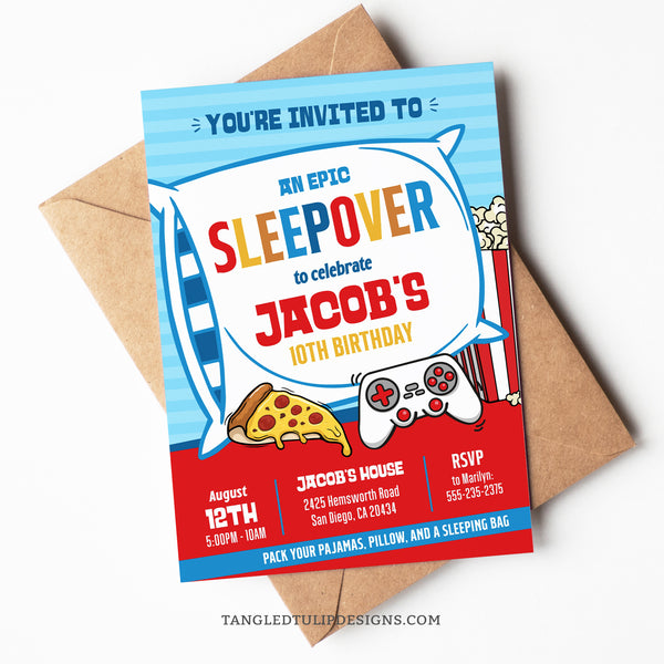 A Sleepover party invitation for boys. Get ready for gaming, pizza and popcorn at an epic sleepover! Invitation template to edit in Corjl. By Tangled Tulip Designs.