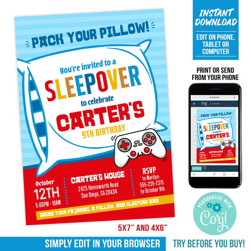 Sleepover and Gaming Party Invite Boys Gaming Controller Sleepover Birthday Invitation Template