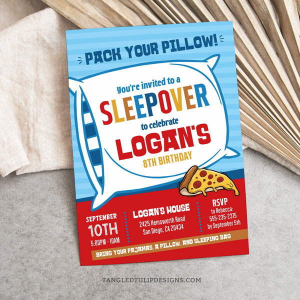 A Sleepover party invitation for boys. Get ready for a fun-filled sleepover party with this invite design featuring a big pillow and pizza slice. Template to Edit in Corjl. By Tangled Tulip Designs.