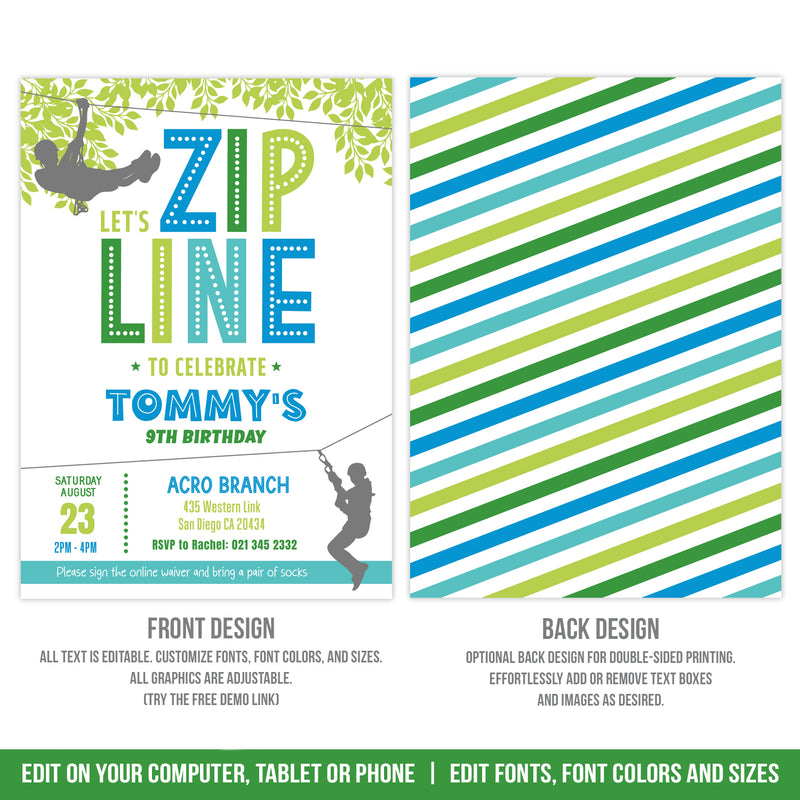 Zipline Party Invitation for Boys. EDITABLE Ziplining Birthday Invite. Edit in Corjl BZ1