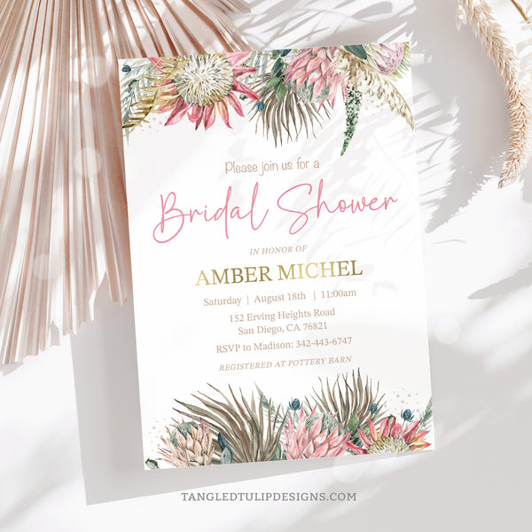 An elegant Bridal Shower invitation in a Boho floral design with gorgeous proteas and golden accents. Instant Download and Editable in Corjl. By Tangled Tulip Designs.