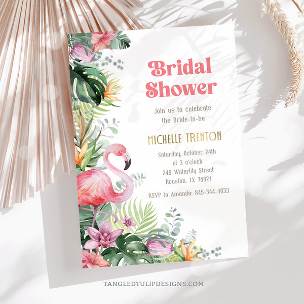 Tropical theme Bridal Shower invitation in a pretty watercolor flowers and flamingos, and gold accents. Instant Download and Editable in Corjl. By Tangled Tulip Designs.