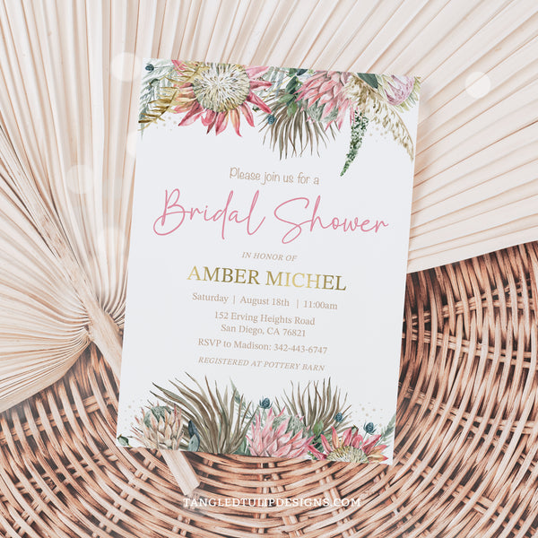 An elegant Bridal Shower invitation in a Boho floral design with gorgeous proteas and gold accents. Instant Download and Editable in Corjl. By Tangled Tulip Designs.