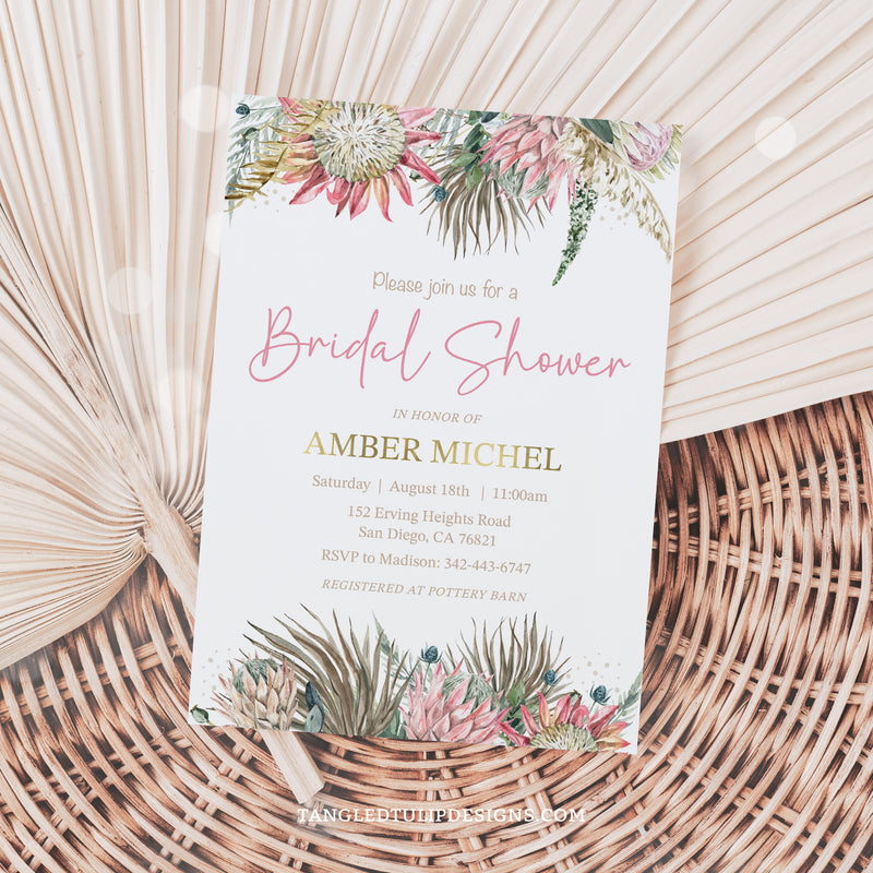 An elegant Bridal Shower invitation in a Boho floral design with gorgeous proteas and gold accents. Instant Download and Editable in Corjl. By Tangled Tulip Designs.