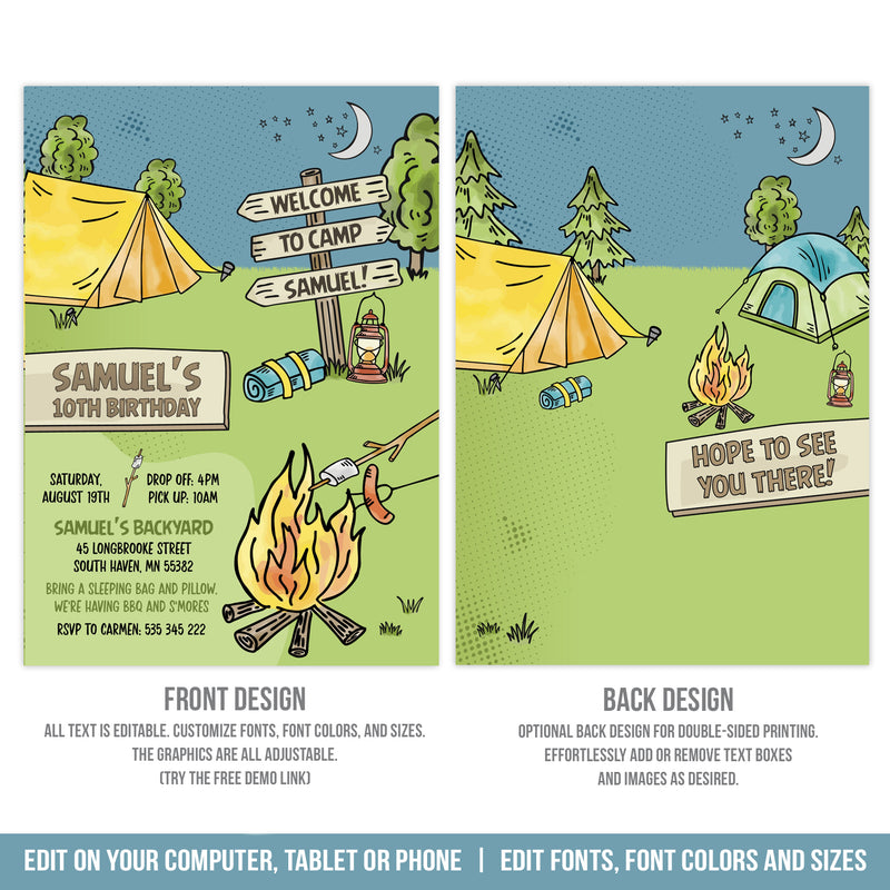 Editable Camping Invitation Template for a Campfire Campout Birthday Party, Digital Birthday Invite