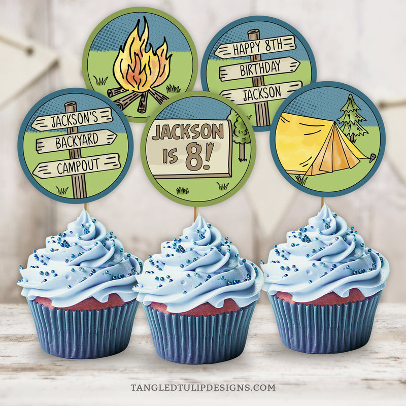 Camping birthday cupcake toppers for a backyard campout, with a tent, campfire and personalized camping signs. A great addition to camping party decorations. Edit in Corjl. By Tangled Tulip Designs.