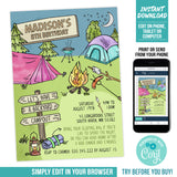 Editable Backyard Campout Birthday Invitation Template, Girl Camping Party Digital Invite