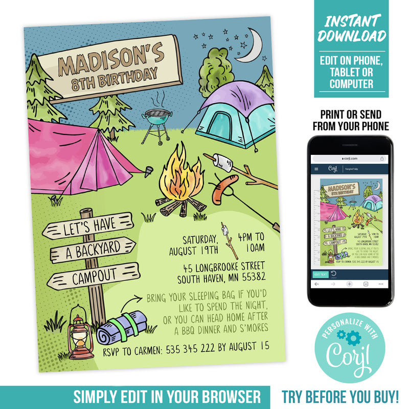 Backyard Campout Birthday Invitation Template Girl Camping Party Invite