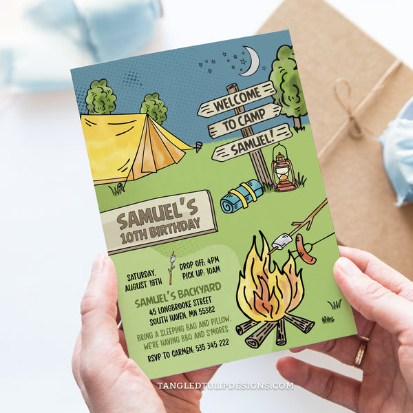 A Camping birthday invitation for a backyard campout party, featuring tents, a campfire and roasting marshmallows and sausages. Template to Edit in Corjl. By Tangled Tulip Designs.