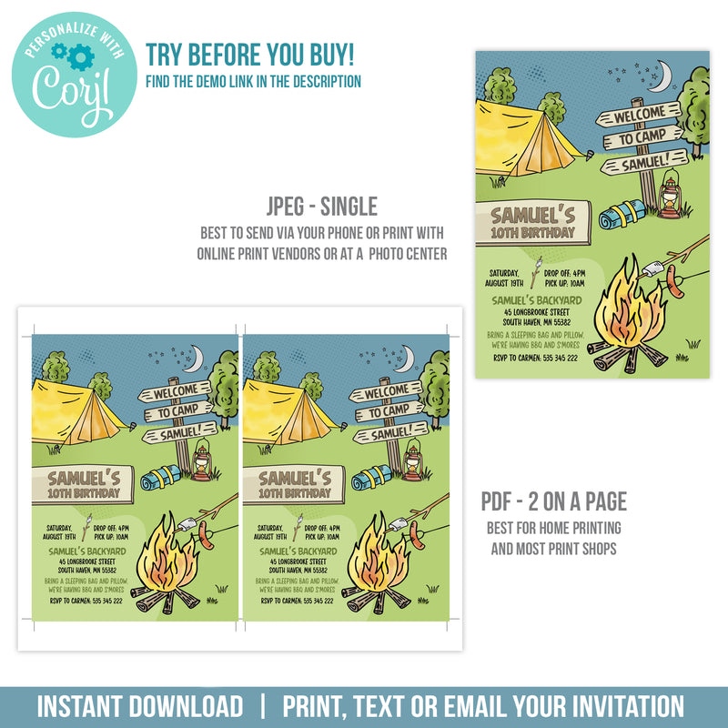 Editable Camping Invitation Template for a Campfire Campout Birthday Party, Digital Birthday Invite