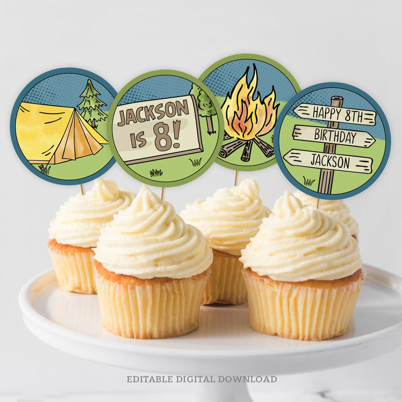 Camping birthday cupcake toppers for a backyard campout, with a tent, campfire and personalized camping signs. A great addition to camping party decorations. Edit in Corjl. By Tangled Tulip Designs.