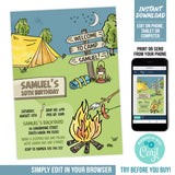 Editable Camping Invitation Template for a Campfire Campout Birthday Party, Digital Birthday Invite