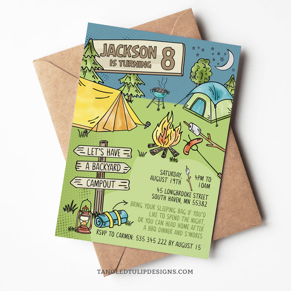 This editable Backyard Campout invitation features tents, a campfire and bbq marshmallows to make s'mores. Template to Edit in Corjl. By Tangled Tulip Designs.