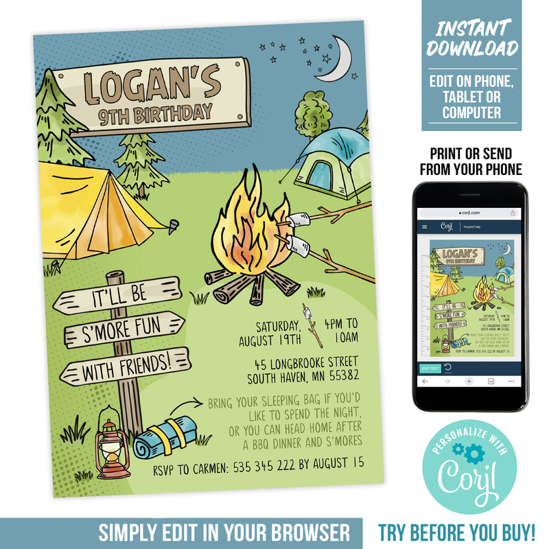 S'mores Campout Party Invitation. Boy Editable S'more Birthday Camping Digital Invite Template